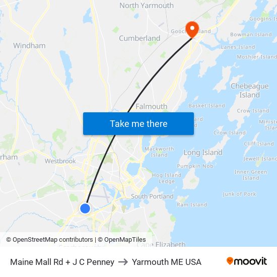 Maine Mall Rd + J C Penney to Yarmouth ME USA map