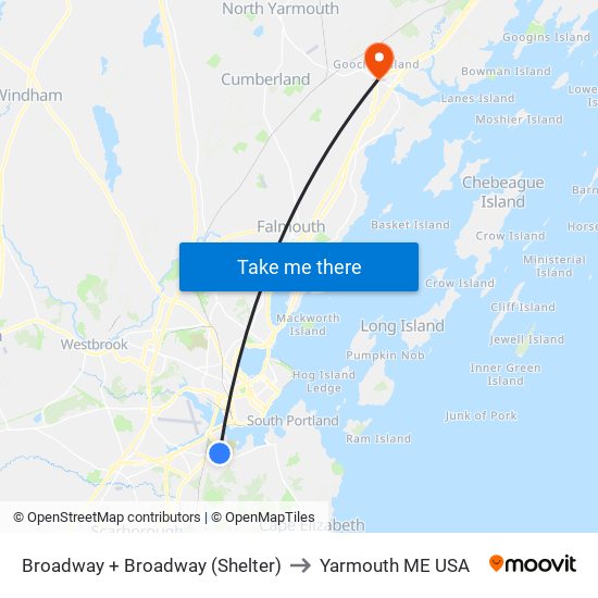 Broadway + Broadway (Shelter) to Yarmouth ME USA map