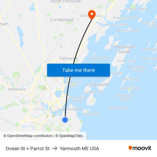 Ocean St + Parrot St to Yarmouth ME USA map