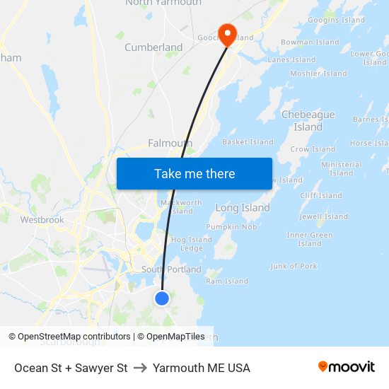 Ocean St + Sawyer St to Yarmouth ME USA map