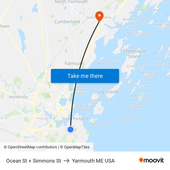 Ocean St + Simmons St to Yarmouth ME USA map