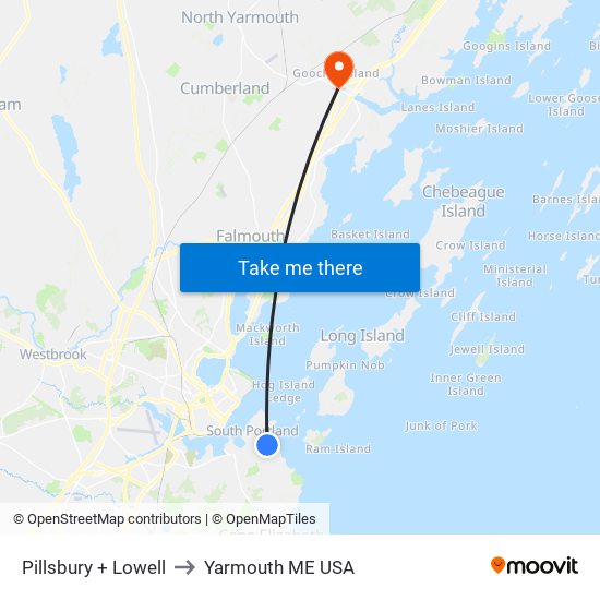 Pillsbury + Lowell to Yarmouth ME USA map