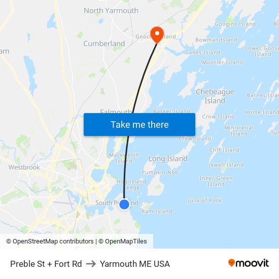 Preble St + Fort Rd to Yarmouth ME USA map