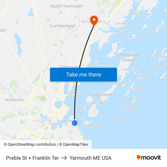 Preble St + Franklin Ter to Yarmouth ME USA map