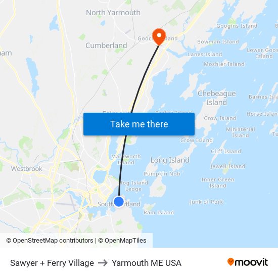 Sawyer + Ferry Village to Yarmouth ME USA map