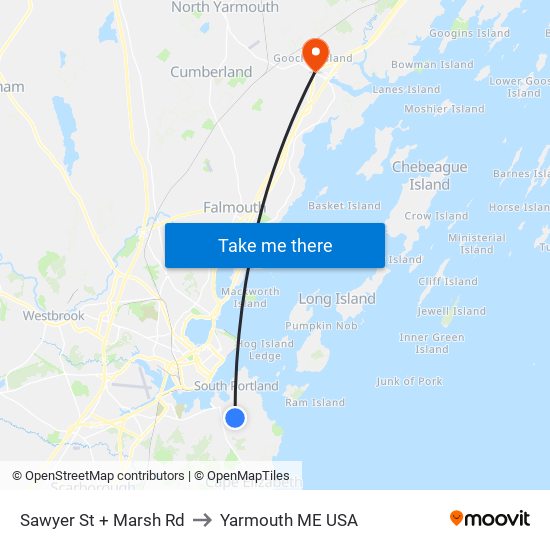 Sawyer St + Marsh Rd to Yarmouth ME USA map