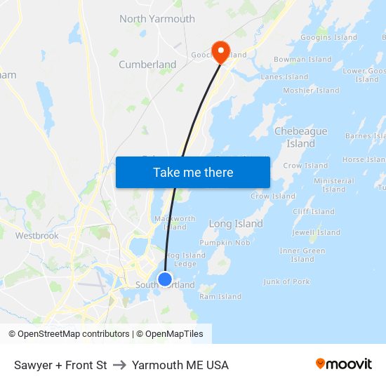 Sawyer + Front St to Yarmouth ME USA map
