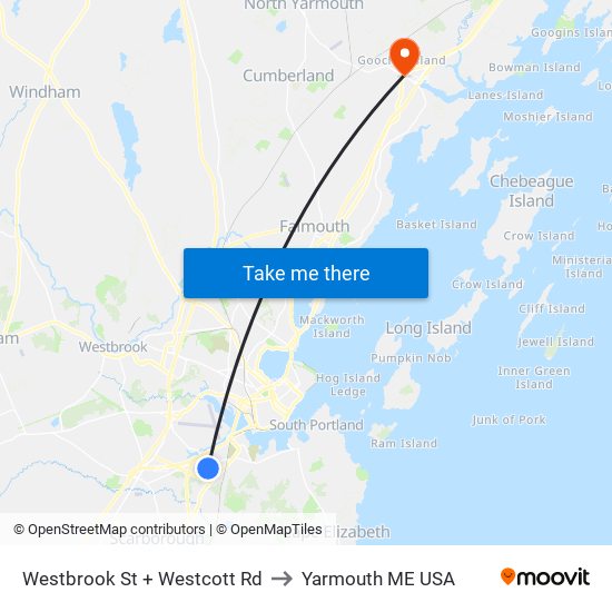 Westbrook St + Westcott Rd to Yarmouth ME USA map