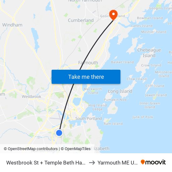 Westbrook St + Temple Beth Hamm to Yarmouth ME USA map