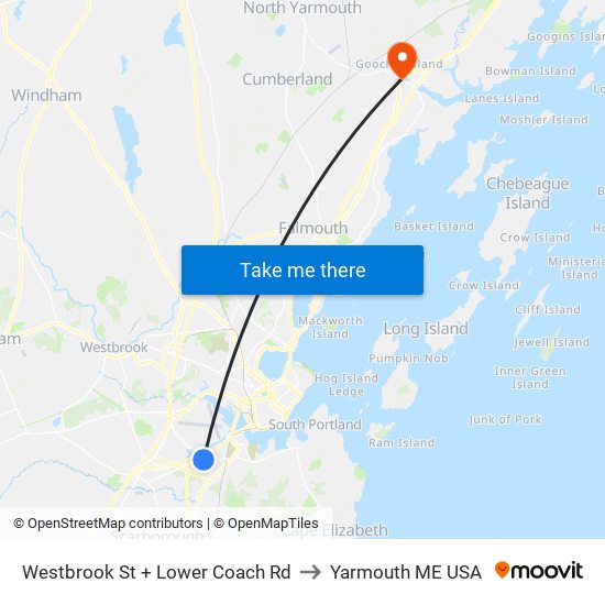 Westbrook St + Lower Coach Rd to Yarmouth ME USA map