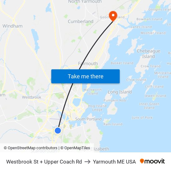 Westbrook St + Upper Coach Rd to Yarmouth ME USA map