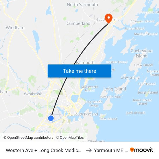 Western Ave + Long Creek Medical Center to Yarmouth ME USA map