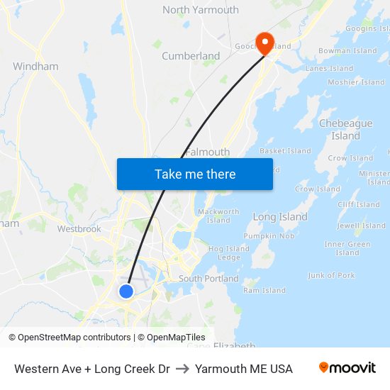 Western Ave + Long Creek Dr to Yarmouth ME USA map