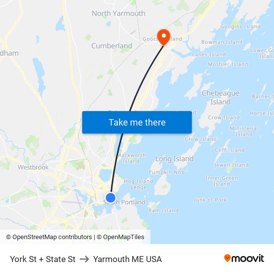 York St + State St to Yarmouth ME USA map