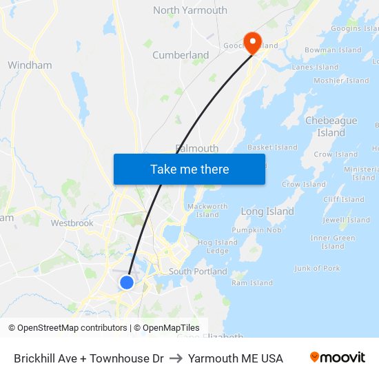 Brickhill Ave + Townhouse Dr to Yarmouth ME USA map