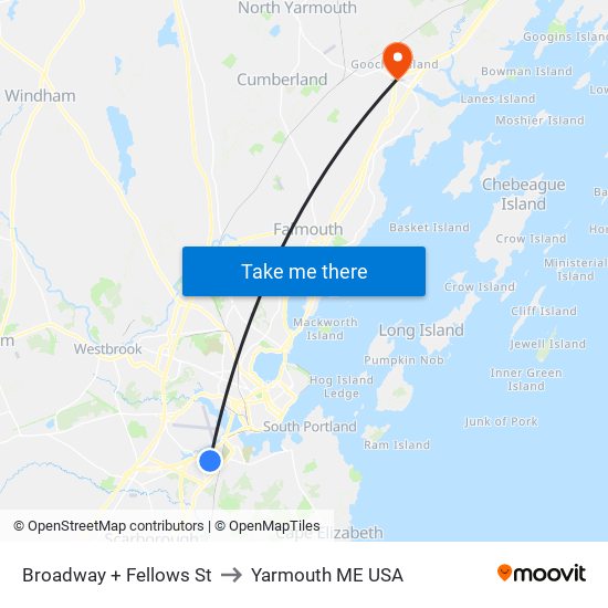 Broadway + Fellows St to Yarmouth ME USA map