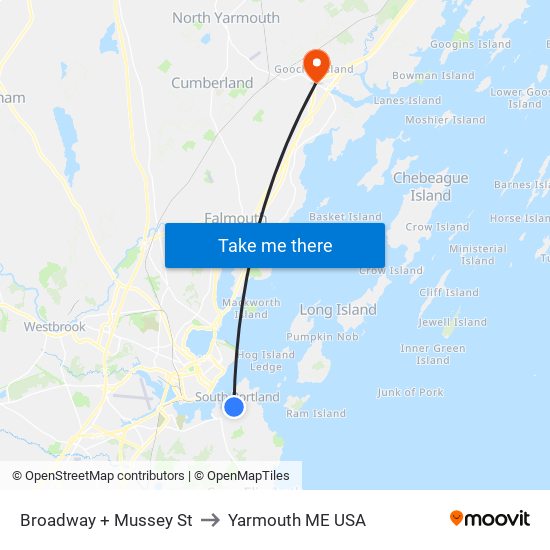 Broadway + Mussey St to Yarmouth ME USA map