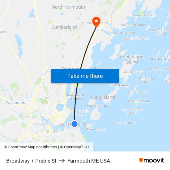 Broadway + Preble St to Yarmouth ME USA map