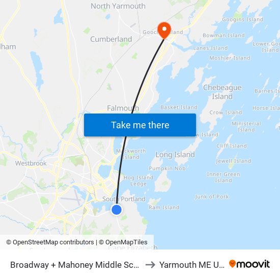 Broadway + Mahoney Middle School to Yarmouth ME USA map