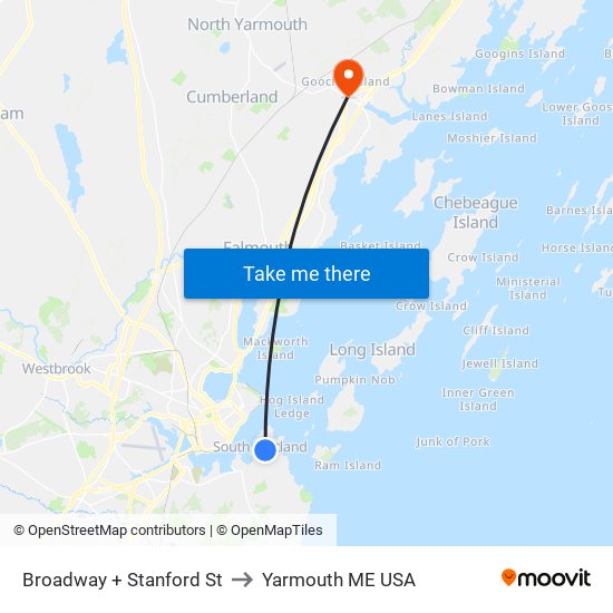 Broadway + Stanford St to Yarmouth ME USA map