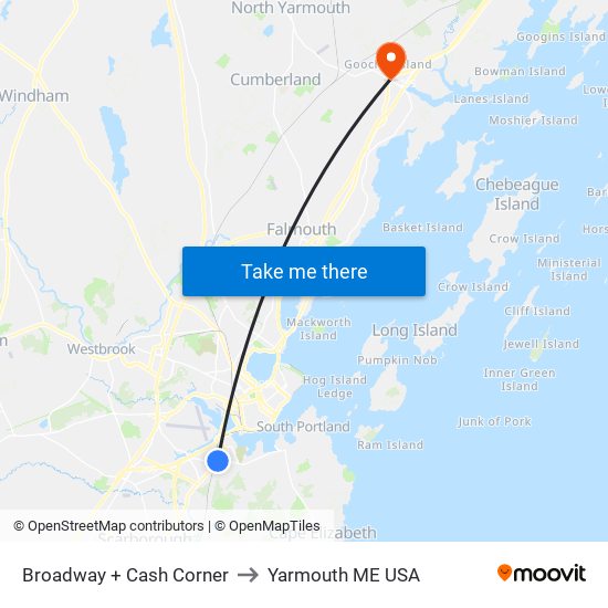 Broadway + Cash Corner to Yarmouth ME USA map