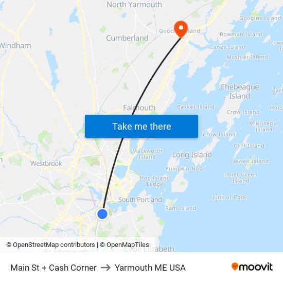 Main St + Cash Corner to Yarmouth ME USA map
