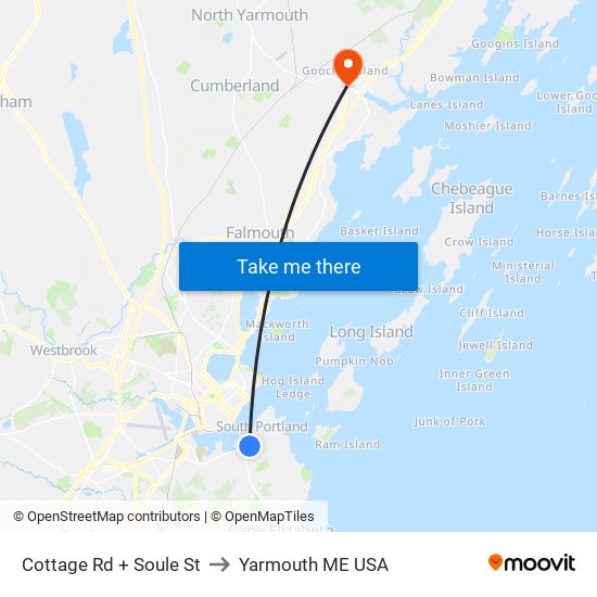 Cottage Rd + Soule St to Yarmouth ME USA map