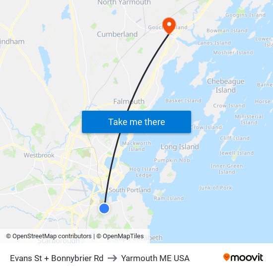 Evans St + Bonnybrier Rd to Yarmouth ME USA map