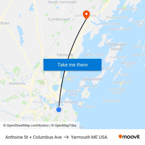 Anthoine St + Columbus Ave to Yarmouth ME USA map