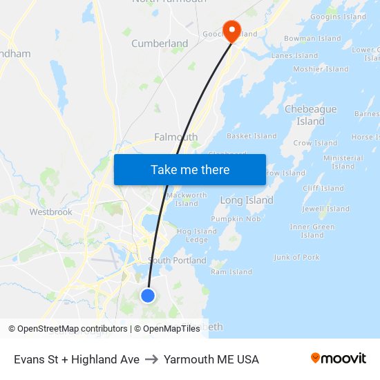Evans St + Highland Ave to Yarmouth ME USA map