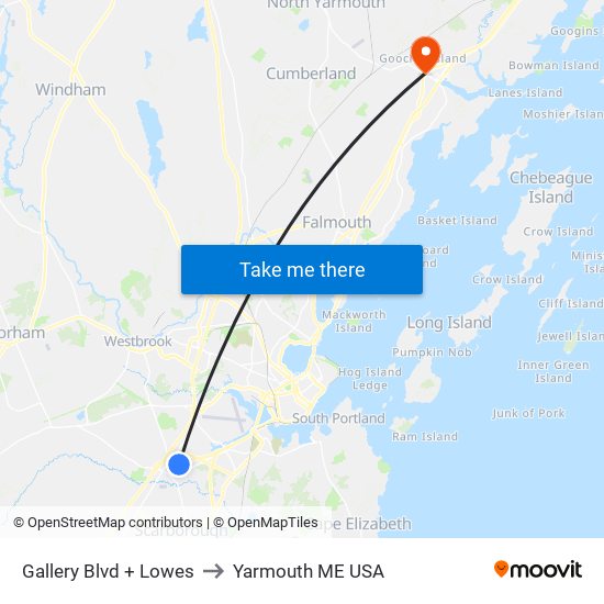 Gallery Blvd + Lowes to Yarmouth ME USA map