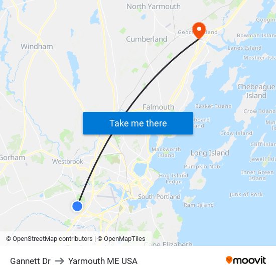 Gannett Dr to Yarmouth ME USA map