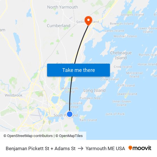 Benjaman Pickett St + Adams St to Yarmouth ME USA map