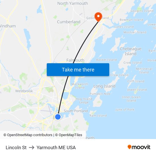 Lincoln St to Yarmouth ME USA map