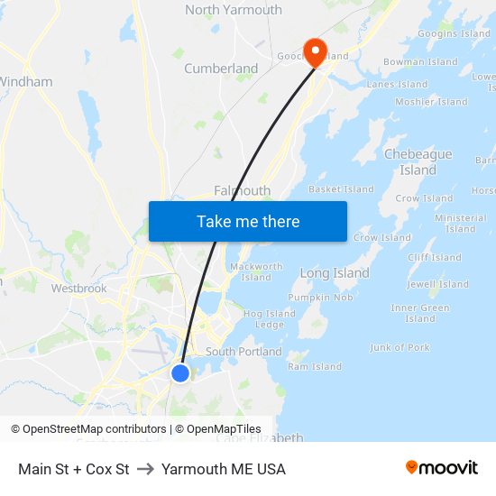 Main St + Cox St to Yarmouth ME USA map