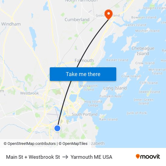 Main St + Westbrook St to Yarmouth ME USA map