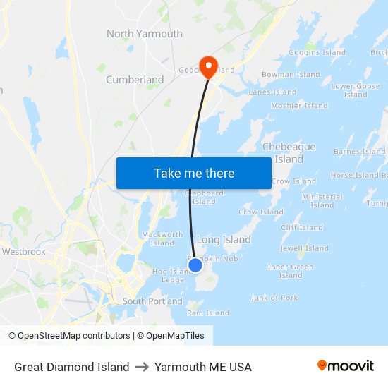 Great Diamond Island to Yarmouth ME USA map