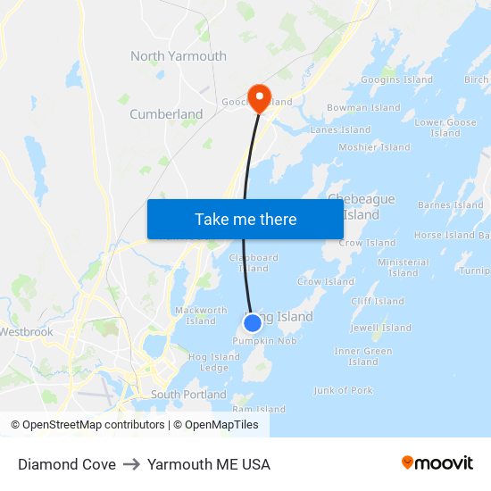 Diamond Cove to Yarmouth ME USA map