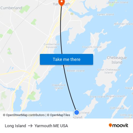 Long Island to Yarmouth ME USA map