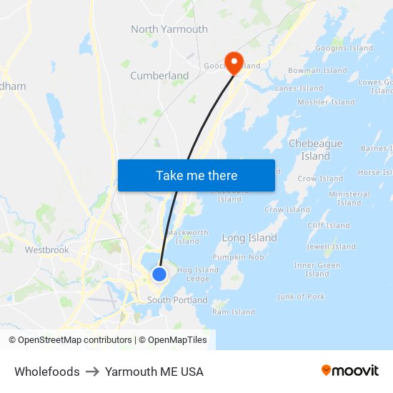Wholefoods to Yarmouth ME USA map