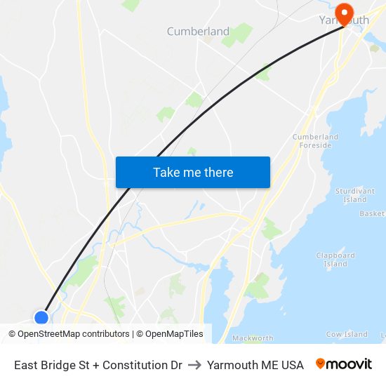 East Bridge St + Constitution Dr to Yarmouth ME USA map