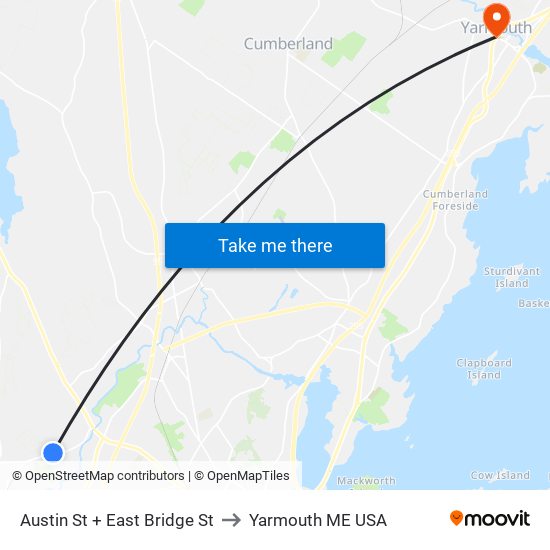 Austin St + East Bridge St to Yarmouth ME USA map