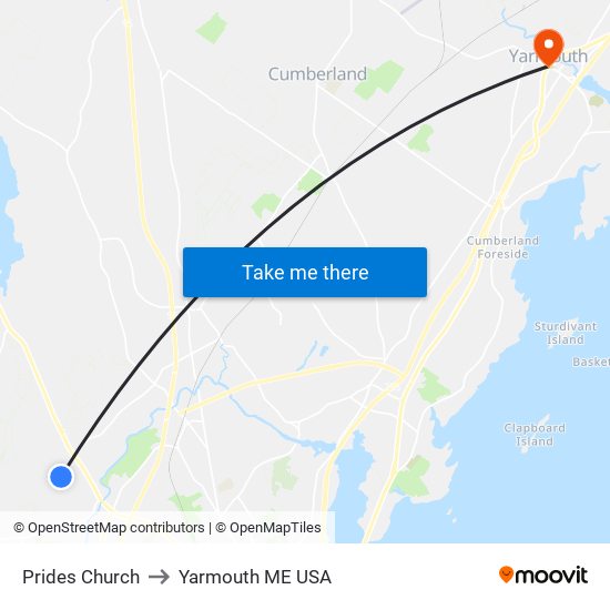 Prides Church to Yarmouth ME USA map