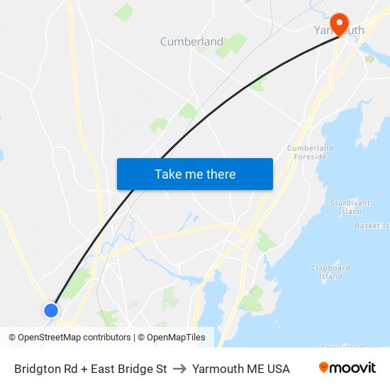 Bridgton Rd + East Bridge St to Yarmouth ME USA map