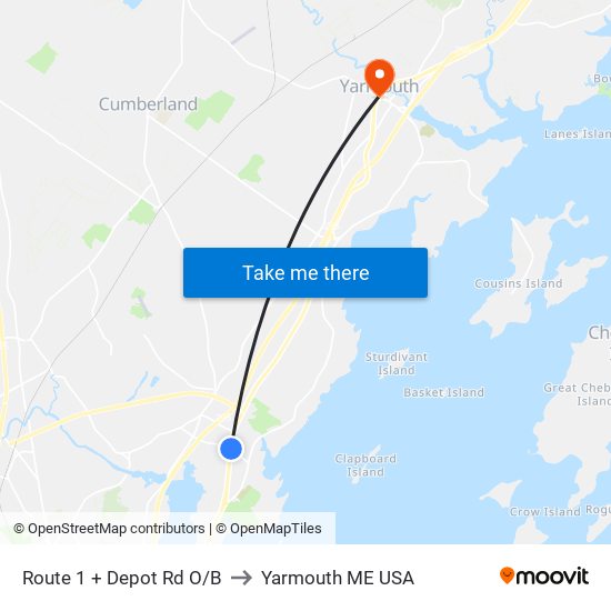 Route 1 + Depot Rd O/B to Yarmouth ME USA map