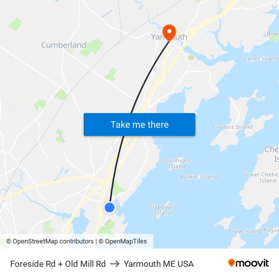 Foreside Rd + Old Mill Rd to Yarmouth ME USA map