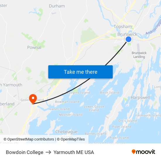 Bowdoin College to Yarmouth ME USA map