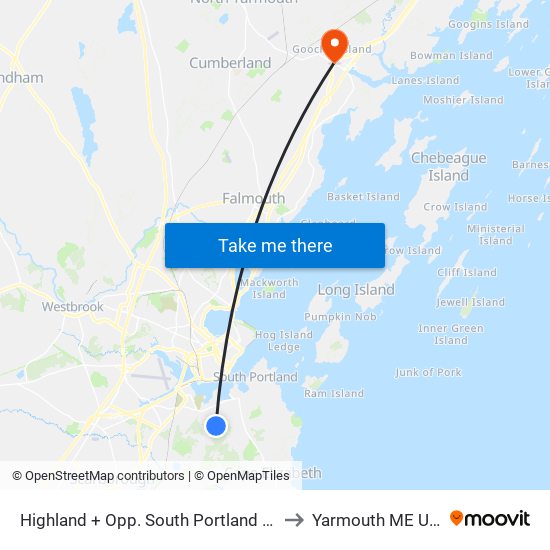 Highland + Opp. South Portland H.S. to Yarmouth ME USA map