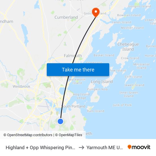 Highland + Opp Whispering Pines to Yarmouth ME USA map