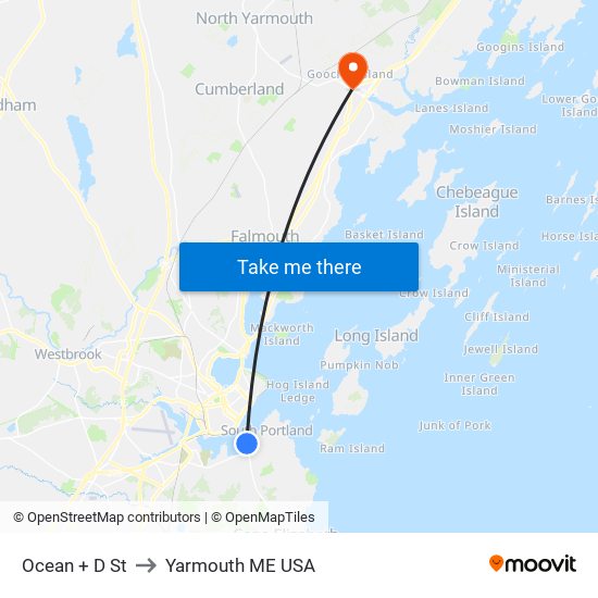 Ocean + D St to Yarmouth ME USA map